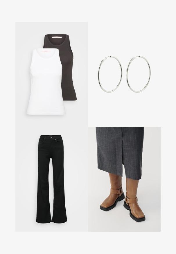 Duodos marškinėliai be rankovių, baltos ir tamsiai pilkos spalvų, su išsišovusia tekstūra, apvaliu kaklu. Etiketės yra ant vidinės kaklo pusės.; Juodos plačios džinsinės kelnės, pagamintos iš denimo, su aukštu liemeniu, penkiomis kišenėmis ir metaliniu sagčių uždarymu. Lygi tekstūra su minimaliu dekoravimu.; Rudi odai odžemkrautės su kvadratiniais pirštais, juodu gumuotu padu ir reguliuojamu sagties akcentu. Dėvimi su pilka smailiu juostelių sijonu.; Sidabriniai auskarai su lygiu, blizgiu paviršiumi. Apskritimo forma, vienodas plotis, sukurti lengvam užsegimui. Paprasti ir elegantiški.