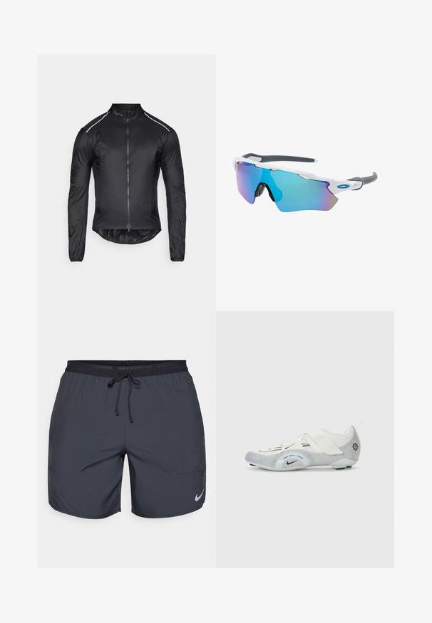 Jachetă de ciclism neagră, realizată dintr-un material ușor și neted. Are mâneci lungi, un guler înalt și un fermoar frontal complet cu accente reflectorizante.; Pantaloni scurți de alergare Nike de culoare gri închis, cu un brâu elastic și șnur și un accent cu logo argintiu pe partea inferioară a piciorului drept.; Ierșă cu un design alb și argintiu, cu o parte superioară din plasă, accente texturate, curele ajustabile și o talpă din cauciuc pentru aderență și stabilitate.; Ochelari de soare cu cadru alb, accente gri și lentile curbate albastre. Design sportiv, formă envolvitoare și pernițe de nas ajustabile.