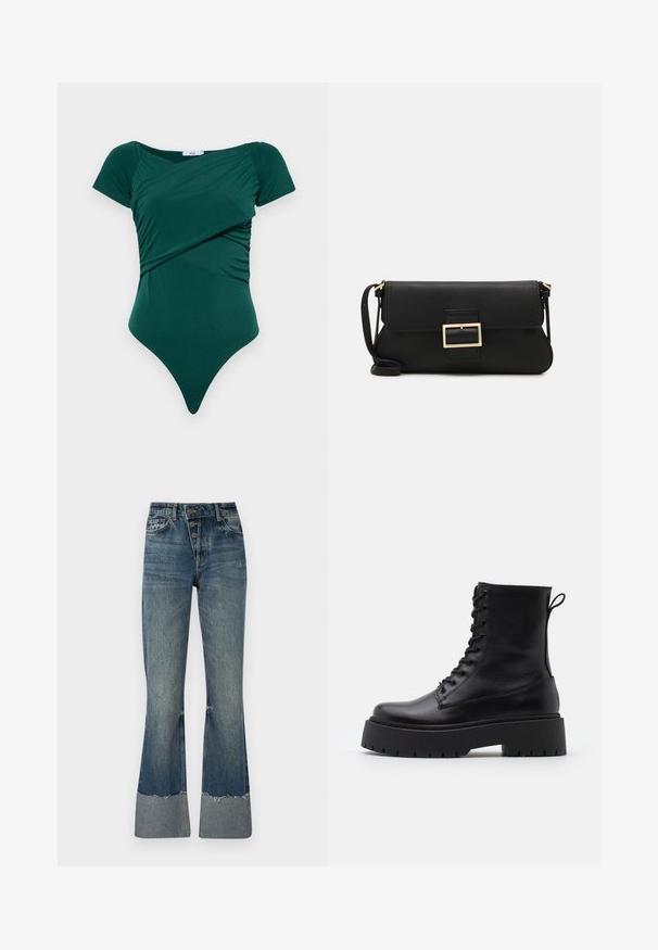 Zaļš bodijs ar īsām piedurknēm, ar rūpīgi izstrādātu detaļu jostasvietā un augstu kāju atvērumu, izgatavots no gludas, elastīgas auduma.; Denim flared bikses vidējā zilā krāsā ar augstu jostasvietu, piecām pogām un saplīsušu apakšmalu. Rūpīgi veidots, lai apakšā būtu gaišāka aproce un nodiluma faktūra.; Melni ādas potītēm zābaki ar apļveida purngalu, auklām priekšpusē un biezu gumijas zoli ar teksturētu protektoru. Velkšanas cilpa aizmugurē.; Melnas ādas saķeres soma ar atloku un zelta metāla sprādzi. Ietver melnu siksnu un elegantu, minimālistisku dizainu.; Zelta krāsas auskari gredzena formā, plāni un apaļi, ar gludu metāla apdari un bez rotājumiem vai zīmējumiem.