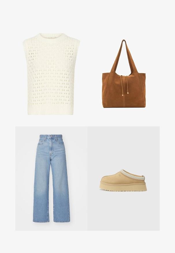 Kaffe SILJA - Top - chalk; Light blue high-waist wide-leg jeans with front button and zip closure, front and back pockets, on a white background.; Tan suede slip-on shoe with a padded collar and textured light blue accent. Features a thick, durable outsole with a patterned tread.; Brown suede tote bag with two long straps, drawstring closure, and minimalistic design. Smooth texture and no visible hardware accents.