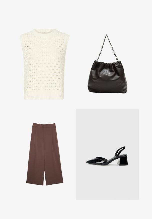 Kaffe SILJA - Top - chalk; Brune bredbunde bukser med en glat tekstur, der har høj talje og plisseringer foran. Stoffet er let og falder løst.; Sorte patentlæder slingback hæle med spids tå og en geometrisk blok hæl. Har et elegant, minimalistisk design og en glat tekstur.; Brun lædertaske med en rynket top og en kædestrop. Glat tekstur med en blank finish og subtile sømdetaljer på siderne.