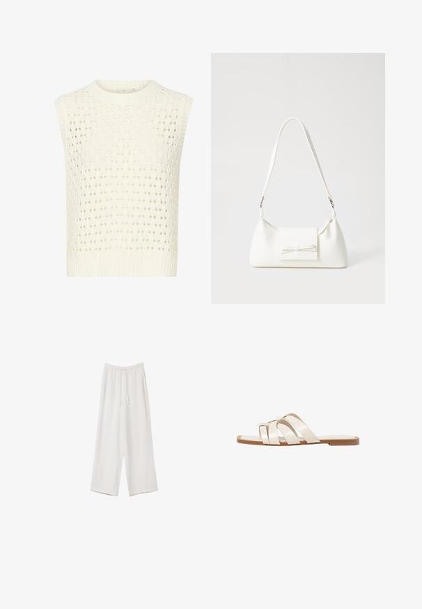 Kaffe SILJA - Top - chalk; Witte wijde broek gemaakt van een lichte stof. Voorzien van een elastische tailleband met een trekkoord en zijzakken. Zachte textuur.; Vlakke sandalen met een tan rubberen zool, ontworpen met drie overlappende witte leren banden en een kleine strikdetail in het midden.; Witte synthetische handtas met een driehoekige vorm, platte voorklep en strikdetail, verstelbare schouderriem, gladde textuur en minimalistisch ontwerp.