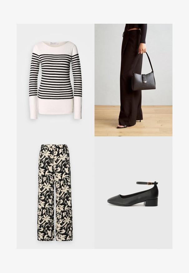 Tričko s dlouhými rukávy s černobílými vodorovnými pruhy, designem s lodičkovým výstřihem a přiléhavým střihem. Materiál směs bavlny.; Černé kalhoty s širokými nohavicemi a krémovým květinovým vzorem. Vyrobené z lehké tkaniny, s hladkým povrchem a vysokým pasem.; Černé kožené lodičky s špičatou špičkou a nízkým blokovým podpatkem. Obsahují pásek kolem kotníku se zlatou sponou. Hladký povrch.; Černá kabelka se strukturovaným tvarem, hladkým povrchem a kovovým uzávěrem. Kombinována s širokými černými kalhotami a sandály s otevřenou špičkou na dřevěné podlaze.