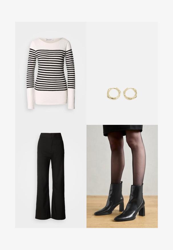 Maglietta a maniche lunghe a righe con strisce orizzontali bianche e nere, design a scollo a barca e silhouette aderente. Materiale misto cotone.; Pantaloni neri a gamba larga con texture liscia, vita alta e design semplice. Nessuna tasca visibile o decorazioni.; Stivaletti neri in pelle con punta affusolata, tacco quadrato imponente e design elegante. Dotati di pannelli laterali elasticizzati per una facile vestibilità.; Orecchini a cerchio in oro con una forma irregolare e texture. Presentano una chiusura senza giunture e una finitura superficiale lucida, che enfatizza un design moderno.