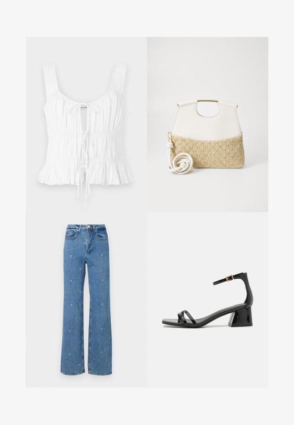 Weißes ärmelloses Oberteil mit geraffter Textur, verstellbarem Knoten vorne und ausgestelltem Saum; aus leichtem Stoff gefertigt.; Blaue, hoch taillierte Straight-Leg-Jeans mit kleinen, weißen Blumenstickereien, die über den Stoff verteilt sind.; Schwarze Lackledersandale mit drei schmalen Riemen und einer quadratischen Zehenpartie, ausgestattet mit einem blockartigen Absatz und einem verstellbaren Knöchelriemen mit einer goldenen Schnalle.; Weiße Lederhandtasche mit einem strukturierten cremefarbenen gewebten Stoffboden. Verfügt über einen goldfarbenen Griff und einen gewickelten weißen Trageriemen für Vielseitigkeit.