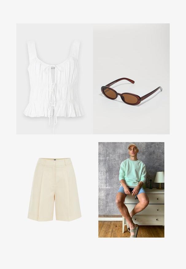 Bela brezrokavnik z nabranimi detajli, nastavljivim vezanjem spredaj in razširjenim robom; izdelan iz lahkega materiala.; Bežové plisirane hlače s krojem, ki ponujajo gladko teksturo in stranske žepe, narejene nad kolenom za sproščen fit.; Menta zelena majica, jeans kratke hlače in olivno zelene natikače. Sedi na svetlem predalu ob teksturirani sivi steni.; Okrogle, rjavo obarvane sončne naočare z sijočim burgundskim okvirjem. Tanek nosilec s subtilnim logotipom. Oblika leč je ravna.; Tkanina iz slame s kožnimi detajli v rjavi barvi, dva ročaja in snemljiv trak. Ukrojena oblika z trdnim dnom.