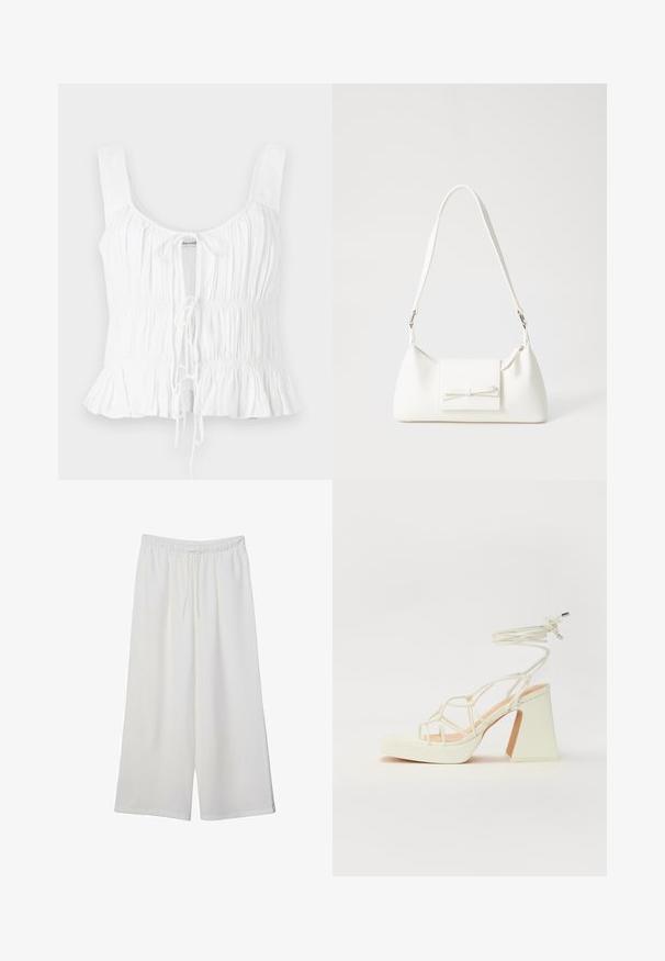 Biele bezrukávové tričko s nariasenou textúrou, nastaviteľným predným viazaním a rozšíreným lemom; vyrobené z ľahkého materiálu.; Biele široké nohavice z ľahkého materiálu s elastickým pásom a šnúrkou na nastavenie veľkosti. Hladká textúra.; Biele sandále na vysokom opätku s hrubým podpätkom, s pruhovaným dizajnom a viazaním na členku. Hladký povrch s platformou vpredu pre zvýšenú výšku.; Biela syntetická kabelka s trojuholníkovým tvarom, plochým predným klapkou a detailom mašle, nastaviteľným popruhom, hladkou textúrou a minimalistickým dizajnom.