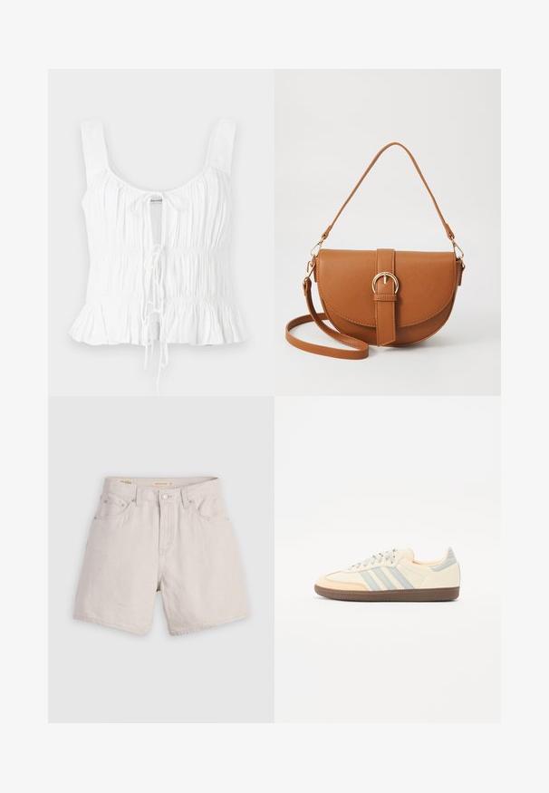 Weißes ärmelloses Oberteil mit geraffter Textur, verstellbarem Knoten vorne und ausgestelltem Saum; aus leichtem Stoff gefertigt.; Hochtaillierte beigen Denim-Shorts mit einer geknöpften Vorderseite, Gürtelschlaufen und einem Fünf-Taschen-Design; leicht mit einer glatten Textur.; Sneaker mit Obermaterial aus cremefarbenem Leder, hellblauen Streifen und pfirsichfarbenen Akzenten. Verfügt über eine strukturierte braune Gummisohle und ein minimalistisches Design.; Braune Leder-Crossbody-Tasche mit geschwungener Form, goldfarbenen Beschlägen und einer Schnallenakzentuierung. Verfügt über einen abnehmbaren Schultergurt.