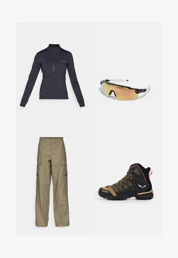 Czarny długi rękaw z zamkiem błyskawicznym, z kołnierzykiem typu mock, z teksturowanej tkaniny, dopasowany krój i dyskretnym logo na klatce piersiowej.; Pantalony cargo w oliwkowym kolorze, wykonane z luźnego materiału, z wieloma bocznymi kieszeniami i zapięciem na guzik w talii. Gładka tekstura.; Wysokie buty hikingowe w kolorze czarnym i oliwkowym, z siateczkową cholewką, gumową podeszwą oraz teksturowanymi akcentami, wyposażone w tylną pętlę do zakupu.; Okulary przeciwsłoneczne z czarno-białą oprawką, dużymi lustrzanymi soczewkami w złotych i różowych odcieniach, aerodynamiczny kształt oraz wydłużona zewnętrzna krawędź.