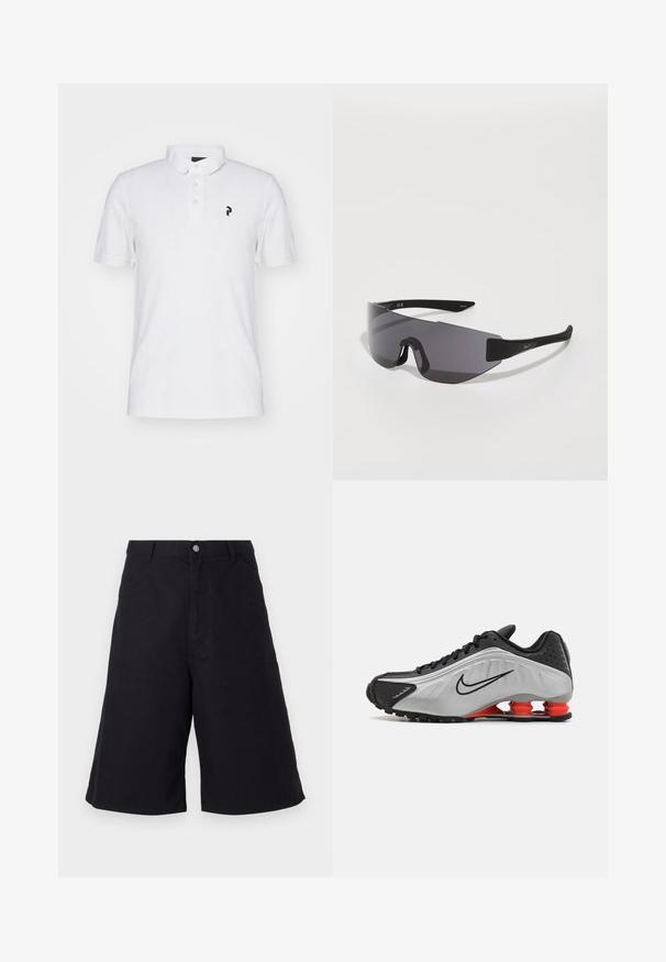 Balta polo krekls ar klasisku apkakli, trīs pogu atloku un mazu melnu logo kreisajā krūtī. Kokvilnas materiāls, īsās piedurknes.; Melnas kokvilnas šorts ar taisnu griezumu, priekšējām kabatām, pogu aizdari un tekstūru, kas piemērota ikdienas valkāšanai.; Melna un sudraba sporta kurpe ar teksturētu augšdaļu, izteiktiem rievām un sarkaniem amortizācijas elementiem uz papēža atbalstam. Zema augstuma modelis.; Melnas sporta saulesbrilles ar apvērsto dizainu, tumši tonētiem stikliem, leņķīgu formu un logo akcentiem uz kājiņām.