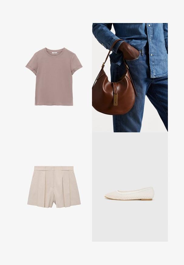 Kortärmad T-shirt i ljus lavendel, tillverkad av mjukt bomull. Har en enkel rund halsringning och uppvikta ärmslut.; Beige veckade shorts med skräddarsydd design, som har hög midja och en slät textur. Fyra framveckningar skapar volym. Inga fickor.; Vita platta skor med ett nätmönster, spetsig tå och en låg, platt sula. Texturerad ovandel med en slät foder och subtil kontrastkant.; Brun läder hobo-väska med en rund form, som har en accent av guldmetall och kontrasterande sömmar. Kombinerad med en denimskjorta och jeans.