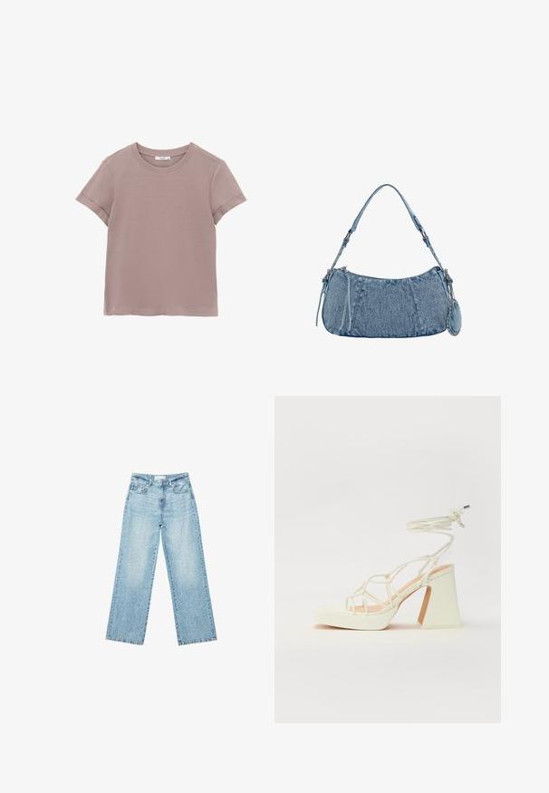 Kortærmet T-shirt i lys mauve, lavet af blød bomuld. Den har en simpel rund halsudskæring og rullede ærmekanter.; Lyseblå denim bukser med bred benvidde og høj talje, præget af en falmet vask og små, spredte slidte detaljer overalt.; Hvide højhælede sandaler med en kraftig hæl, der har et stropdesign og ankelbinding. Glat tekstur med en platform foran for ekstra højde.; Denim håndtaske med buet form, lyseblå farve, justerbar skulderrem og en lille aftagelig pung med metalliske detaljer.