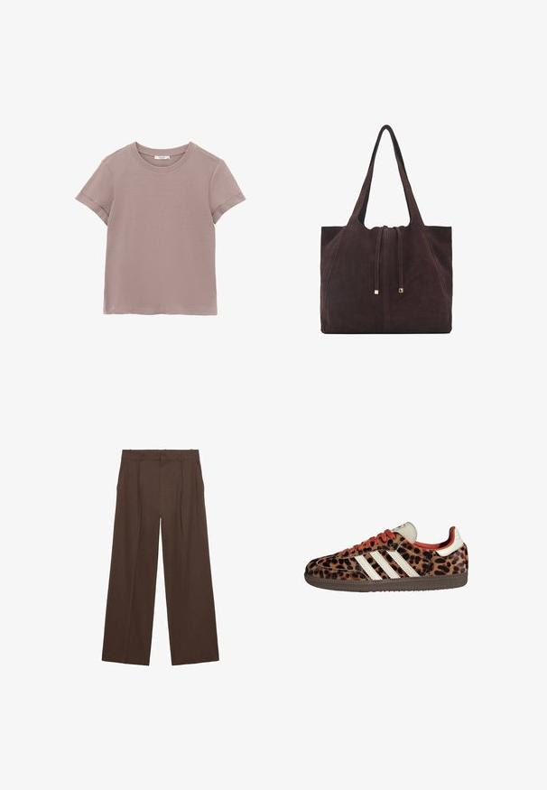 Lyhythihainen t-paita vaaleanliilassa, pehmeää puuvillaa. Ominaisuuksina yksinkertainen pyöreä kaula-aukko ja käärityt hihansuut.; Ruskeat leveälahkeiset housut, jotka on valmistettu sileästä kankaasta. Niissä on korkea vyötärö, etusilkkukkeet ja kaksi sivutaskua.; Tennarit leopardikuosisesta mikrokuidusta, joissa on punaiset nauhat ja kolme valkoista raitaa sivuilla. Ominaisuuksina kermaisen värinen kieli ja ruskea pohja.; Mango Shopping bag - dark brown