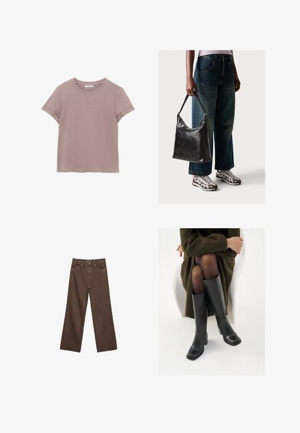 Koszulka z krótkim rękawem w jasnym mauve, wykonana z miękkiej bawełny. Posiada prosty okrągły dekolt i podwinięte krawędzie rękawów.; Szerokie brązowe dżinsy wykonane z denimu, z wysokim stanem, przednimi kieszeniami i klasycznym zapięciem na guzik. Gładka faktura z subtelnym przeszyciem.; Kozaki skórzane do kolan w kolorze czarnym, z kwadratowym noskiem i słupkowym obcasem, pokazane na modelce siedzącej w oliwkowej zielonej kurtce. Gładka tekstura, minimalne detale.; Czarna skórzana torba na ramię o gładkiej fakturze i regulowanym pasku, w zestawieniu z wyblakłymi dżinsami typu wide-leg i sportowymi butami.