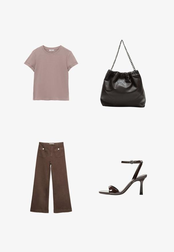 Koszulka z krótkim rękawem w jasnym mauve, wykonana z miękkiej bawełny. Posiada prosty okrągły dekolt i podwinięte krawędzie rękawów.; Czerwone spodnie typu wide-leg wykonane z bawełny, z dwoma przednimi kieszeniami zapinanymi na srebrne guziki oraz gładką fakturą.; Brązowe lakierowane skórzane sandały na wysokim obcasie z paskiem wokół kostki, otwartym noskiem i eleganckim, minimalistycznym designem. Posiadają kwadratowy obcas.; Brązowa skórzana torba z marszczonym szczytem i łańcuszkowym paskiem. Gładka tekstura z błyszczącym wykończeniem i subtelnymi detalami szwów po bokach.
