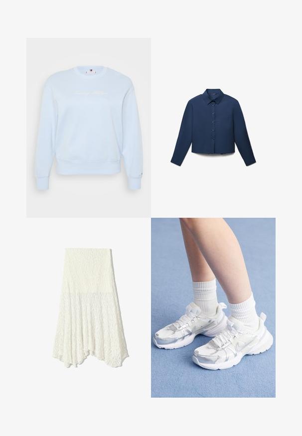 Felpa a girocollo azzurra chiara, realizzata in tessuto morbido. Presenta il logo ricamato "Tommy Hilfiger" in bianco, polsini e orlo a coste.; Camicia accorciata blu navy realizzata in tessuto morbido; presenta un colletto classico, chiusura frontale con bottoni e una tasca singola sul lato sinistro.; Gonna bianca in pizzo con un motivo testurizzato, caratterizzata da un orlo asimmetrico e una silhouette fluida, realizzata in tessuto leggero.; Scarpe sportive bianche con sovrapposizioni in rete e sintetico, con un logo Nike argentato, abbinate a calzini bianchi a coste su una superficie blu.