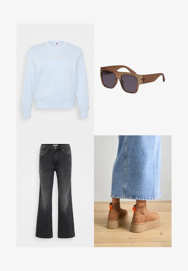 Light blue crewneck sweatshirt made of soft fabric. Features embroidered "Tommy Hilfiger" logo in white, ribbed cuffs, and hem.; Black wide-leg jeans with a high waist, made of denim. Features front pockets, copper rivets, and visible stitching along the hems.; Brown suede platform boots with elastic side panels and orange pull tabs, paired with a knee-length light denim skirt on a wooden floor.; Brown semi-transparent sunglasses with a square frame and dark lenses. The arms are sleek and slightly curved for a modern look.