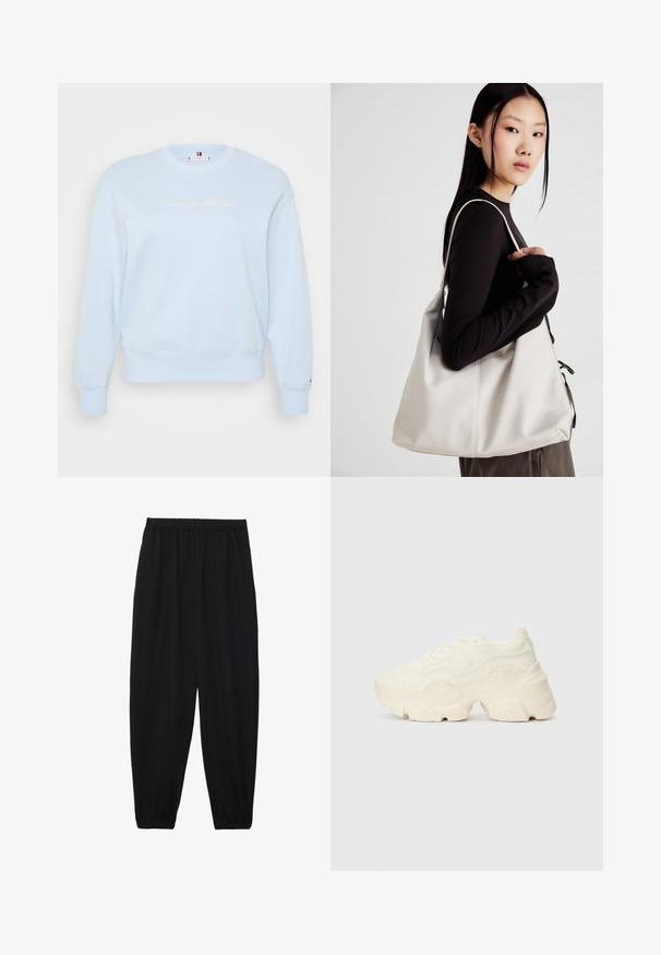 Gaiši zils džemperis ar apaļu kaklu, izgatavots no mīkstas auduma. Ar izšūtu "Tommy Hilfiger" logo baltā krāsā, ribotām piedurknēm un apakšmalu.; Melnas, vieglas bikses ar elastīgu jostu un savilktiem potītiem. Audums ir gluds un to raksturo brīva, sašaurināta forma.; Masīvi balti sportisti, kas izgatavoti no strukturēta sieta un sintētiskajiem materiāliem, ar biezu zoli un sarežģītām rakstu detaļām gar sāniem.; Bežs rokassoma, izgatavota no mīksta materiāla, ar brīvu dizainu, izšūtu apdari un divām plecu siksnām. Piemērota ikdienas lietošanai.