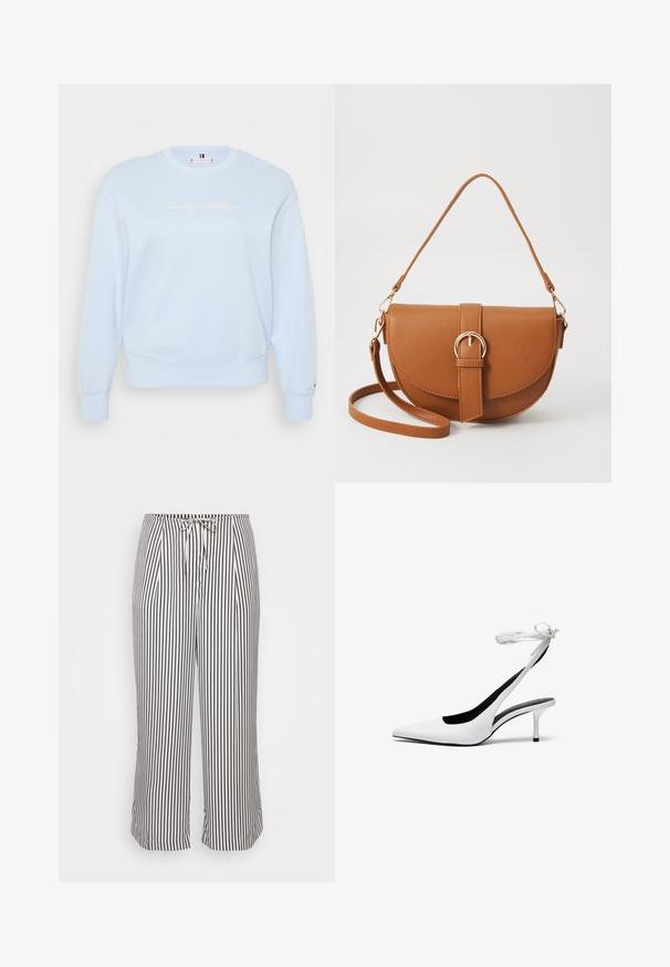 Svetlomodrá mikina s okrúhlym výstrihom vyrobená z mäkkej tkaniny. Má vyšívané logo "Tommy Hilfiger" v bielej farbe, ribované manžety a lem.; Krátke nohavice s elastickým pásom a šnúrkou, s vertikálnymi námorníckymi a bielymi pruhmi, prezentované na jednofarebnom bielom pozadí.; Biele lodičky s ostrou špičkou a otvorenou pätou, s tenkým remienkom okolo členku. Hladká kožená látka, tenký ihlový podpätok a čierne vnútorné podšívenie.; Hnedá kožená kabelka cez telo s zakriveným tvarom, zlatými kovovými doplnkami a akcentom s prackou. Obsahuje odnímateľný ramenný popruh.; Strieborný prsteň s dvojitým pásikom s hladkým, lesklým povrchom. Má plynulý, zakrivený dizajn s prekryvajúcimi sa časťami pre moderný vzhľad.
