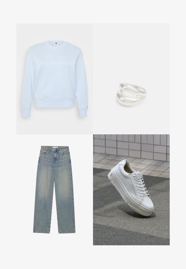 Sweatshirt bleu clair à col rond en tissu doux. Présente un logo "Tommy Hilfiger" brodé en blanc, des poignets et un ourlet côtelés.; Jean en denim droit taille haute bleu clair avec poches avant, passants de ceinture et fermeture éclair et bouton visibles.; Baskets blanches en cuir avec un design bas, lacets plats, bout arrondi et côtés texturés. Semelle en caoutchouc épaisse avec des accents subtils.; Bague en argent à double bande avec une surface lisse et polie. Présente un design fluide et courbé avec des sections qui se chevauchent pour un look moderne.