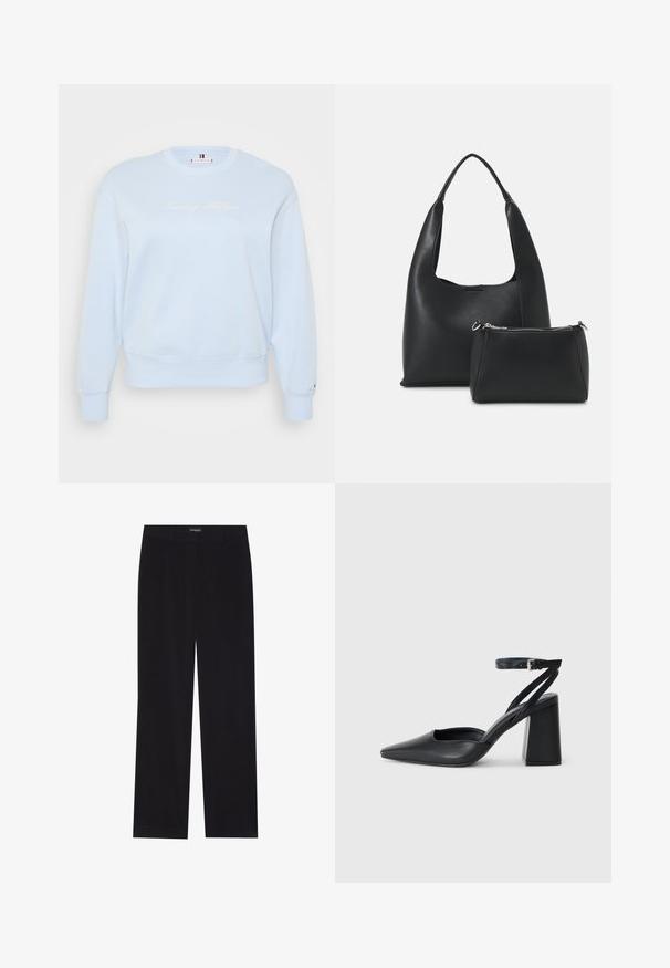 Lichtblauwe crewneck sweatshirt van zachte stof. Bevat geborduurd "Tommy Hilfiger" logo in het wit, geribde manchetten en zoom.; Zwarte corduroy broek met een rechte snit, voorzien van een vlakke tailleband en zonder zichtbare zakken, een gladde textuur en verticale ribbelstructuur.; Zwarte leren puntige pump met een enkelbandje en een chunky hak. Vlakke textuur, strakke vormgeving en minimalistische esthetiek.; Even&Odd SET - Handtas - black