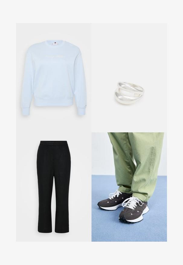 Lichtblauwe crewneck sweatshirt van zachte stof. Bevat geborduurd "Tommy Hilfiger" logo in het wit, geribde manchetten en zoom.; Zwarte linnen broek met een rechte snit, middelhoge tailleband en cropped lengte, met een gladde textuur en zonder zichtbare sluitingen.; Donkergrijze sneakers met witte veters en bloemaccenten, met een dikke witte zool en een textuur materiaal. Draag je met lichtgroene broek.; Zilveren dubbele ring met een gladde, gepolijste oppervlakte. Heeft een vloeiende, gebogen vorm met overlappende secties voor een moderne uitstraling.