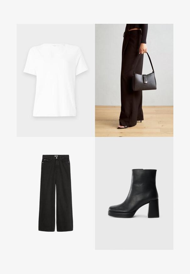 Balta kokvilnas t-kreklu ar V veida dekoltē, īsām piedurknēm un brīvu griezumu. Iezīmējas ar smalkiem šuvju elementiem un nelielu birku sānos.; Plašas kāju melnas denima bikses ar augstu jostasvietu. Iespējo piecas kabatas, metāla detaļas un gludu apdari. Audums ir mīksts un patīkams uz tausti.; Melna ādas potīšu zābaku ar bloku papēdi un platformas zoli, skatīts no sāna uz vienkārša balta fona.; Melnā somiņa ar strukturētu formu, gludu tekstūru un metālu sprādzi. Saskaņota ar platām melnām biksēm un sandālēm ar atvērtu purngalu uz koka grīdas.