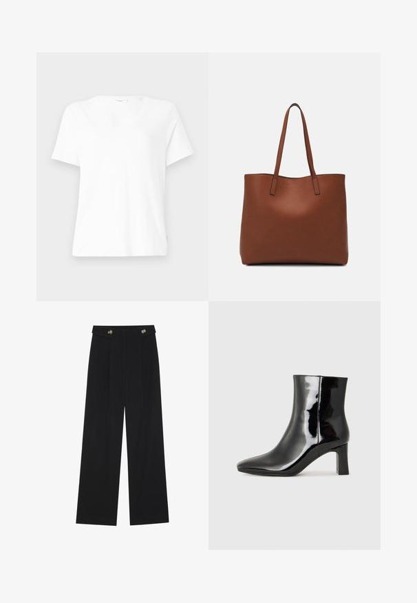 Hvit bomulls t-skjorte med v-hals, korte ermer og avslappet passform. Har subtile stikningsdetaljer og et lite merke på siden.; Svart vide bukser med høy midje, knappdetaljer på midjebåndet og frontplisser.; Sorte patentlær ankle boot med spiss tå og en mellomhøy blokkhelt. Glatt tekstur og minimalistisk design.; Brun lær tote veske med en jevn tekstur, åpen toppdesign og to skulderstropper. Har minimal søm og ingen synlige spiker.