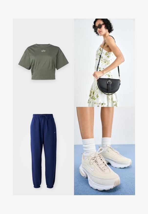 Alpha Industries Trükipildiga T-särk - dark olive; Tumesinine dressipluus, mis on valmistatud pehmest kangast, elastse vöökoha ja nööriga, elastsete mansettide ning väikese valge logoga.; Beezid spordialused tekstuurse ülemise osaga, valged nöörid ja paks valge tallaga. Disainil on peened kõverad ja väike logo.; Mustmust mustraha kõverate joontega, eemaldatava rihmaga ja kuldsete detailidega. Kotil on klapp, millel on pandladetail.