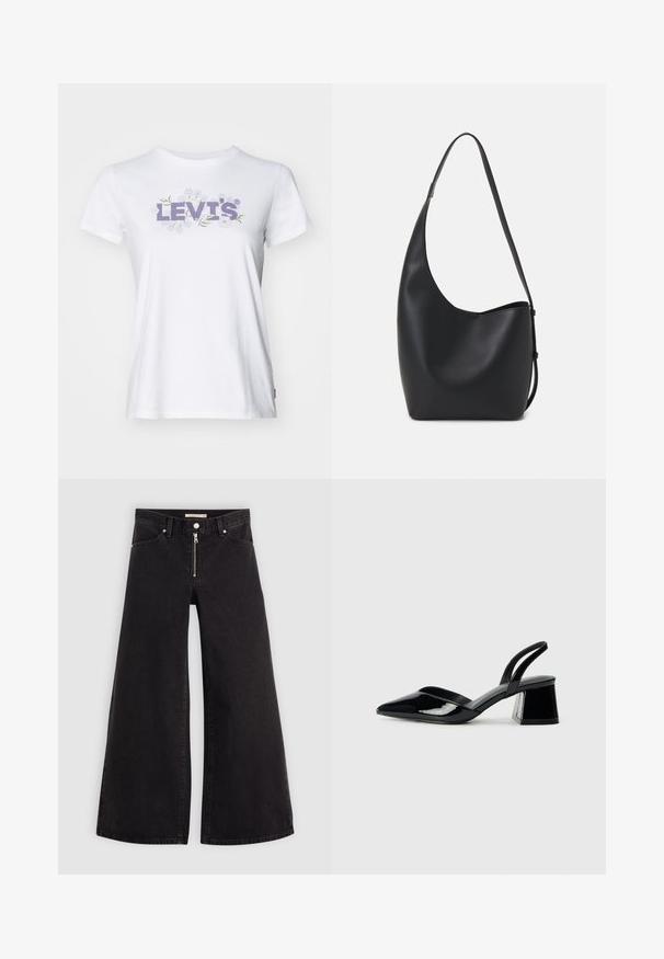 Balta kokvilnas T-krekls ar lavandas krāsas "LEVI'S®" logotipu ar ziedu akcentiem. Īsas piedurknes un klasiskā apaļā kakla dizains.; Platas kājas džinsi melnā džinsa audumā ar rāvējslēdzēju priekšā, piecu kabatu dizains un smalkas šuvju detaļas. Gluda tekstūra un ikdienišķs stils.; Melna lakota āda ar atvērto papēdi, ar smailu purngalu un ģeometrisku blokpapēdi. Iezīmējas elegants, minimāls dizains un gluda tekstūra.; Melnas ādas hobo soma ar gludu tekstūru, izliekta forma un vienu regulējamu jostu; augšā ir plaša atvere.