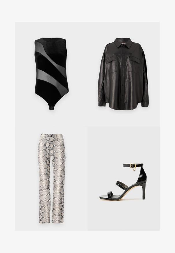 Černý body s hladkým sametovým povrchem, průhlednými síťovanými panely a výstřihem do půlkoláče. Elegantní, přiléhavý střih s patentním zapínáním ve spodní části.; Černá kožená košile s knoflíkovou přední částí, špičatým límcem a dvěma náprsními kapsami. Vyznačuje se volným střihem a hladkou texturou.; Kalhoty se vzorem hadí kůže v béžové a šedé barevné kombinaci. Rovný střih s texturovaným povrchem a předními kapsami. Obsahuje zapínání na knoflík.; Černé lakované kožené sandály se třemi pásky, sponou na kotníku a 10 cm jehlovým podpatkem. Obsahují zlaté kovové detaily a logo přívěsek.