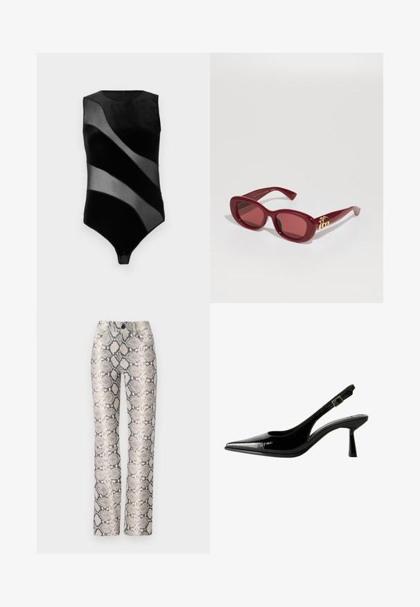 Schwarzer Body mit einer glatten Samt-Oberfläche, transparenten Mesh-Einsätzen und einem Rundhalsausschnitt. Elegante, körpernahe Passform mit einem Druckverschluss am unteren Ende.; Schlangenlederdruck-Hosen in einem beige-grauen Farbschema. Gerade geschnittenes Design mit einer strukturierten Oberfläche und Vorderaschen. Verfügt über einen Knopfverschluss.; Schwarze Lackleder Slingback-Pumps mit spitzem Zeh, ausgeschnittenen Seiten, verstellbarem Knöchelriemen und einem dünnen, eleganten Absatz.; Rote Plastiksonnenbrille mit rechteckigen Rahmen, getönten Gläsern und einer goldenen Logo-Akzentuierung an den Bügeln. Glatte, glänzende Oberfläche.; Schwarzes Blütenhalsband aus geschichteten Blütenblättern, getragen mit einem schwarzen, gerippten Tanktop, das silberne Akzente entlang des Halsausschnitts und der Schultern aufweist.