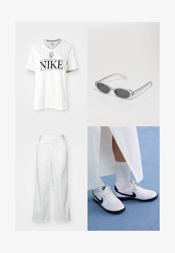 T-shirt branca da Nike com mangas curtas, apresentando riscas verticais, um colarinho cinza e um logótipo preto proeminente com o texto "Desde 1972".; Calças largas brancas feitas de algodão, com uma textura suave, corte reto, bolsos frontais e bainha limpa.; Ténis brancos da Nike com detalhes pretos, apresentando um cabedal em pele lisa, atacadores brancos e solas de borracha resistentes, combinados com meias brancas com textura ribada.; Óculos de sol com formato oval, armação de plástico transparente, lentes cinza-escuro e hastes finas transparentes com detalhes do logótipo e um design minimalista.