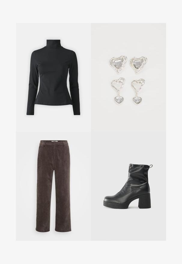 Even&Odd Petite Camisola de manga comprida - black; Calças largas de cortiça castanha com um acabamento texturizado, apresentando uma cintura padrão e dois bolsos frontais.; Botas de tornozelo pretas feitas de couro liso, com fecho lateral, salto grosso texturizado e design de bico arredondado.; Os brincos em forma de coração prateados apresentam pedras claras facetadas, com uma moldura texturizada. O conjunto inclui estilos de botão e de gota.