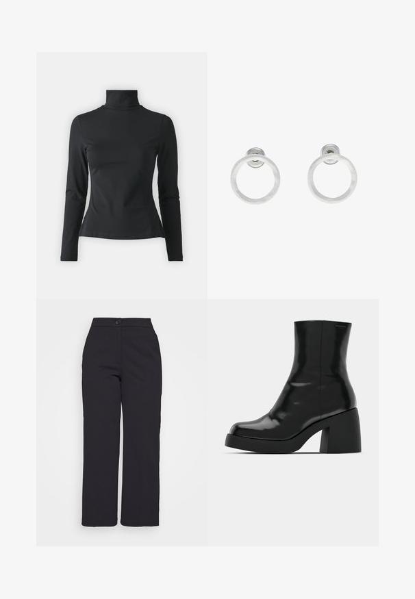 Even&Odd Petite Long sleeved top - black; Black wide-leg trousers made of smooth fabric, featuring a button closure and a clean, tailored design without visible pockets.; Black ankle boots with a glossy finish, square toe, and a thick block heel. The design features a seamless silhouette and minimal branding.; Silver metal hoop earrings with a brushed texture, featuring a circular design and a clear post back for secure wear.
