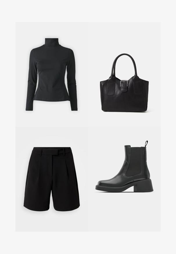 Even&Odd Petite Hosszú ujjú felső - black; Fekete, szabott sort, sima anyagból, magas derekú, redőkkel, övgyűrűkkel és oldalsó zsebekkel, letisztult kialakítással.; Fekete bőr bokacsizma elasztikus oldalsó panelekkel, kerek orral és vastag blokk sarokkal. Sima textúra, minimalista design.; Fekete bőr bevásárlótáska sima textúrával, strukturált formával, két fogantyúval és egy figyelemfelkeltő ezüst csattal az elején.