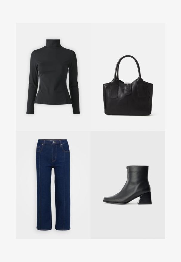 Even&Odd Petite Hosszú ujjú felső - black; Sötét kék, egyenes lábú farmernadrág gombos záródással, elülső és hátsó zsebekkel, valamint látható narancssárga varrással a varratok mentén.; Fekete bőr bokacsizma négyzetes orral, oldalsó cipzárral és tömbsarkal, egyszínű világos háttér előtt.; Fekete bőr bevásárlótáska sima textúrával, strukturált formával, két fogantyúval és egy figyelemfelkeltő ezüst csattal az elején.