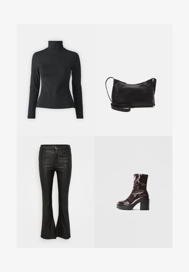 Even&Odd Petite Camisola de manga comprida - black; Calças flare pretas com uma textura brilhante, semelhante a couro, apresentando bolsos frontais, fecho com botão e fendas laterais na bainha.; Bota de tornozelo burgundy brilhante com um salto preto robusto, apresentando uma textura suave e um design simples. Sem fechos ou padrões visíveis.; Bolsa de ombro em pele preta com textura suave, forma curva, alça ajustável e fecho com zip. Design minimalista sem adornos.