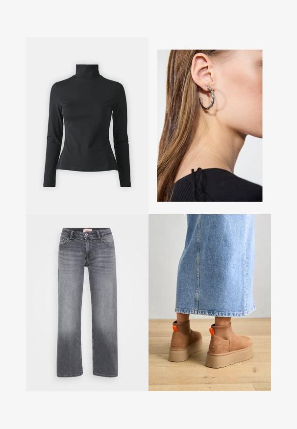 Even&Odd Petite Langarmshirt - black; Graue Jeans aus Denim mit geradem Bein, fünf Taschen, dezentem Verblassen und einem Knopfverschluss in der Taille.; Braune Wildleder-Plateau-Stiefel mit elastischen Seitenpaneelen und orangen Zuglaschen, kombiniert mit einem knielangen hellen Jeansrock auf einem Holzboden.; Silberne Creolen mit polierter Oberfläche, die kleine goldene Akzentdetails und eine runde Form aufweisen, am Ohrläppchen getragen.