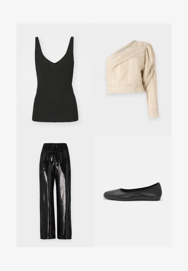 Black ribbed tank top with a V-neck and no sleeves. Features a fitted silhouette and textured fabric. Smooth finish at the hem.; Cream textured crop jacket with a diagonal neckline, puffed sleeve, and woven leaf pattern, featuring a ribbed hem.; Black sequined pants with a wide-leg cut and elastic waistband featuring a drawstring. The fabric has a reflective, shiny texture.; Black leather ballet flat with a rounded toe, smooth texture, minimal stitching detail, and a flexible sole design.