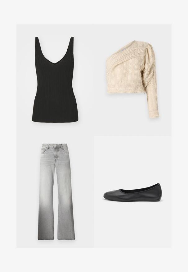 Black ribbed tank top with a V-neck and no sleeves. Features a fitted silhouette and textured fabric. Smooth finish at the hem.; Cream textured crop jacket with a diagonal neckline, puffed sleeve, and woven leaf pattern, featuring a ribbed hem.; Gray denim wide-leg jeans featuring a high waist, faded texture, five pockets, and a zip fly with button closure.; Black leather ballet flat with a rounded toe, smooth texture, minimal stitching detail, and a flexible sole design.