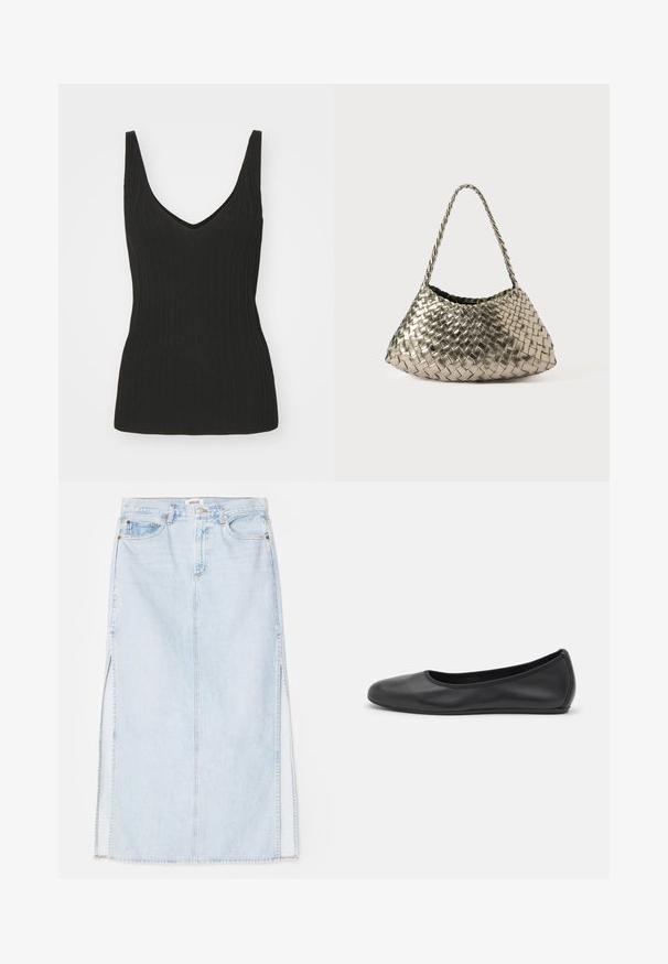 Musta ribattuja tank top, jossa on V-kaula-aukko ja ilman hihoja. Ominaisuuksiin kuuluu napakka siluetti ja teksturoitu kangas. Sileä viimeistely helmassa.; Vaaleansininen farkkumaxi-hame, jossa on suora leikkaus, sivuaukot ja viisitaskumallinen muotoilu. Korostetut saumat ja metallinappikiinnitys.; Musta nahkainen ballerina, jossa on pyöristetty kärki, sileä pinta, minimaalinen ommelkoristelu ja joustava pohjamuotoilu.; Metallinen kudottu käsilaukku kolmiomaisella muotoilulla, jossa on punottu hihna ja samettivuorattu sisus. Väri: hopea. Kosti: sileä ja kankaanomainen.