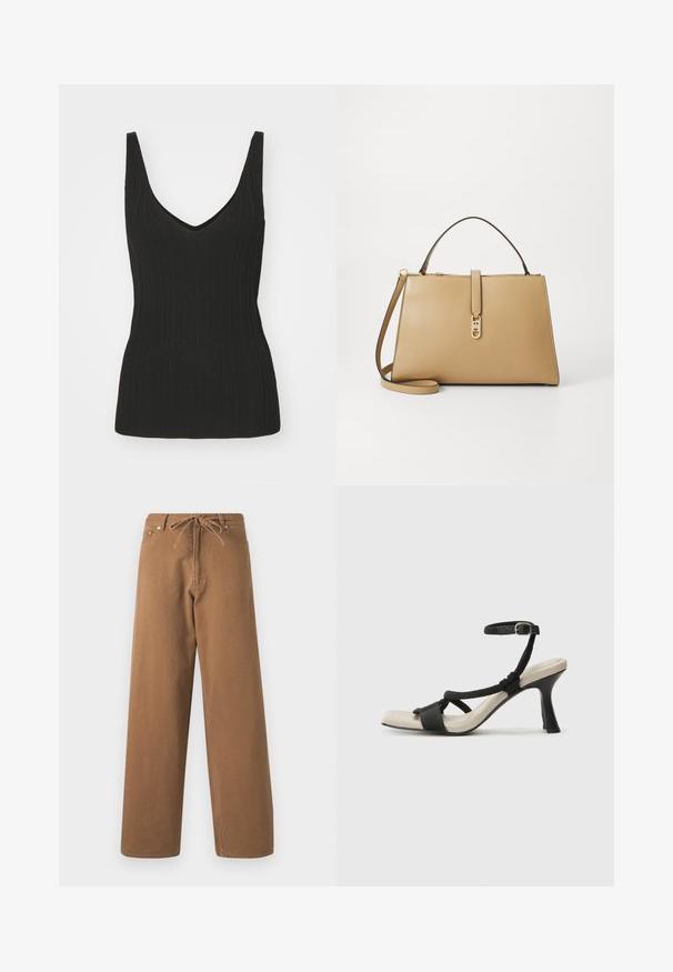 Must mustriba V-kaelusega ja varrukateta must särk. Omab siledat figuuri ja tekstuurset kangast. Sujuv viimistlus ääres.; Pruunid laiad püksid, mis on valmistatud puuvillast, elastse vöökoha ja kahe esimese taskuga. Pind struktuurne, kuid sile.; Mustad musta kontsaga sandaal, millel on punutud rihma disain, ruudukujuline varvas ja reguleeritav pahkluu rihm. Heleda beeži värvi jalapadi ja läikiv must konts.; Tommy Hilfiger LIBRE SATCHEL - Käekott - safari