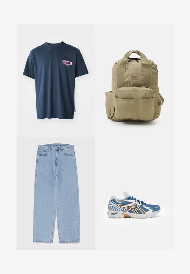 Tmavě modré bavlněné tričko s růžovým potiskem loga na hrudi, s textem "Dickies Quality Made Workwear." Krátké rukávy, standardní střih.; Světle modré džíny s rovnými nohavicemi, středním pasem, pěti kapsami a zapínáním na knoflík a zip.; Modré sportovní boty s síťovaným svrškem, bílými a oranžovými akcenty, vysoce odpruženou mezipodešví a texturovanou gumovou podrážkou. Obsahují šněrování.; Khaki batoh s polstrovanými popruhy, přední kapsou a kulatým logem. Vyroben z odolné látky, s vrchním uchem a boční kapsou.