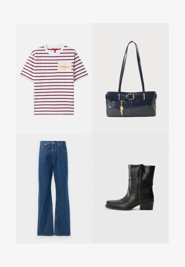 Striped t-shirt with wide horizontal maroon and white stripes, short sleeves, and a beige pocket featuring text in a contrasting font.; Striped button-up shirt with a white base, featuring narrow multi-colored lines in blue, orange, and green. Long sleeves and a classic collar.; Blue denim flared jeans with a high waist, featuring five pockets, a silver button closure, and visible stitching accents.; Black leather ankle boot with a rounded toe, block heel, side zipper, and stitching accents on the vamp. Smooth texture, classic design.; Navy leather handbag with two long handles, a buckle detail, and a keychain attached. Features a smooth texture and a rectangular shape.