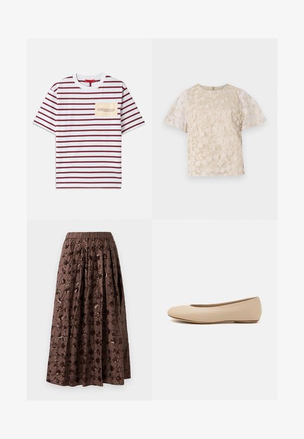 T-shirt rayé avec de larges bandes horizontales bordeaux et blanches, manches courtes, et une poche beige avec un texte dans une police contrastante.; Blouse beige avec broderie florale, manches bouffantes transparentes, encolure ronde et fermeture éclair au dos. Motif floral texturé sur le panneau avant.; Jupe midi marron avec une taille élastique, ornée de sequins floraux, au design plissé et à la texture de tissu lisse.; Ballerines en cuir beige avec un bout arrondi, un minimum de coutures, un petit talon et un logo subtil à l'arrière. Texture lisse et mate.