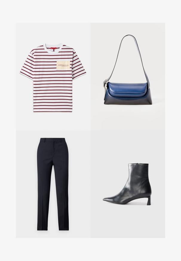 Palisasta majica s širokimi horizontalnimi rdečimi in belimi črtami, kratkimi rokavi ter bež žepom z besedilom v kontrastni pisavi.; Zadnje hlače v mornarično modri barvi s ravnim krojem, ki imajo gladko teksturo, dve sprednji žepki in čisto pasnico.; Črne usnjene gležnjarje s šiljastim nosom in elegantnim dizajnom. Imajo nizko peto in zadrgo na zadnji strani. Gladka tekstura.; Mornarska usnjena torbica z gladko površino, ki ima zaobljeno obliko, zloženi vrh in eno naramnico. Vključena srebrna oprema.