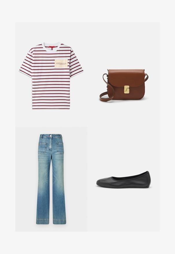 Svītrainā T-kreklā ar platām horizontālām bordo un baltām svītrām, īsām piedurknēm un bēšā kabatā, kurā ir teksts kontrastējošā fontā.; Gaiši zili džinsi ar platām kājām, piecām kabatām, jostām, pogas aizdari un viegli nolietotu tekstūru, ar sarkanu logotipu uz aizmugures.; Melna ādas baleta kurpe ar noapaļotu purngalu, gludu tekstūru, minimālu šuvju detalizāciju un elastīgu zoles dizainu.; Bordo ādas rokas soma ar atloku, zeltītām detaļām, plecu siksnu un gludu virsmu. Kompakta, taisnstūrveida forma.