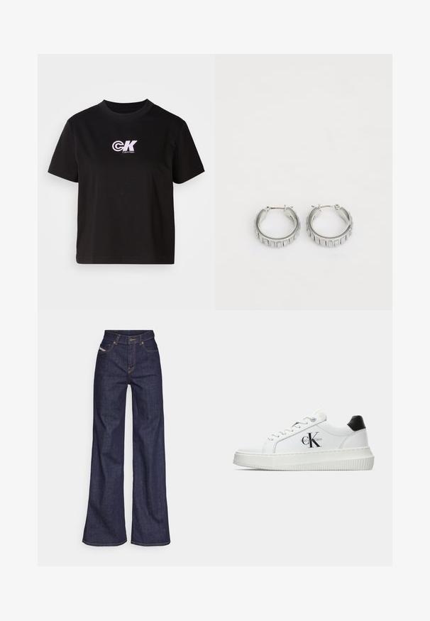 Čierne bavlnené tričko s okrúhlym výstrihom a krátkymi rukávmi. Na hornej ľavej strane hrude sa nachádza logo "CK" v bielej a ružovej farbe.; Tmavomodré široké džínsy z denimu s vysokým pásom, zdobené oranžovým šitím, päť vreckovým dizajnom a zapínaním na gombík.; Biele nízke tenisky s čiernym pätkovým dielom, platformovou podrážkou, šnúrkami a logom "CK" značky Calvin Klein na boku.; Strieborné kruhové náušnice s textúrovaným dizajnom, ktorý obsahuje vertikálne ryhy. Obdĺžnikový tvar so zabezpečovacím uzáverom. Hladký povrch.