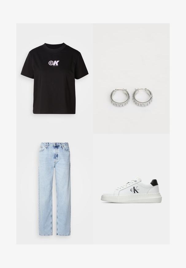 Tricou din bumbac negru cu guler rotund și mâneci scurte. Prezintă un logo alb și roz "CK" în partea superioară stângă a pieptului.; Jeans lejere de culoare albastru deschis, realizate din denim, având talie înaltă, spălare ușoară și un model subtil de tie-dye pe partea din față.; Adidași albi cu glezna joasă, cu tab-ul de călcâi negru, talpă platformă, șireturi și logo-ul "CK" de la Calvin Klein pe lateral.; Cercei din argint în formă de cerc cu un design texturat, ce prezintă striții verticale. Formă circulară cu un sistem de închidere sigur. Finisaj neted.